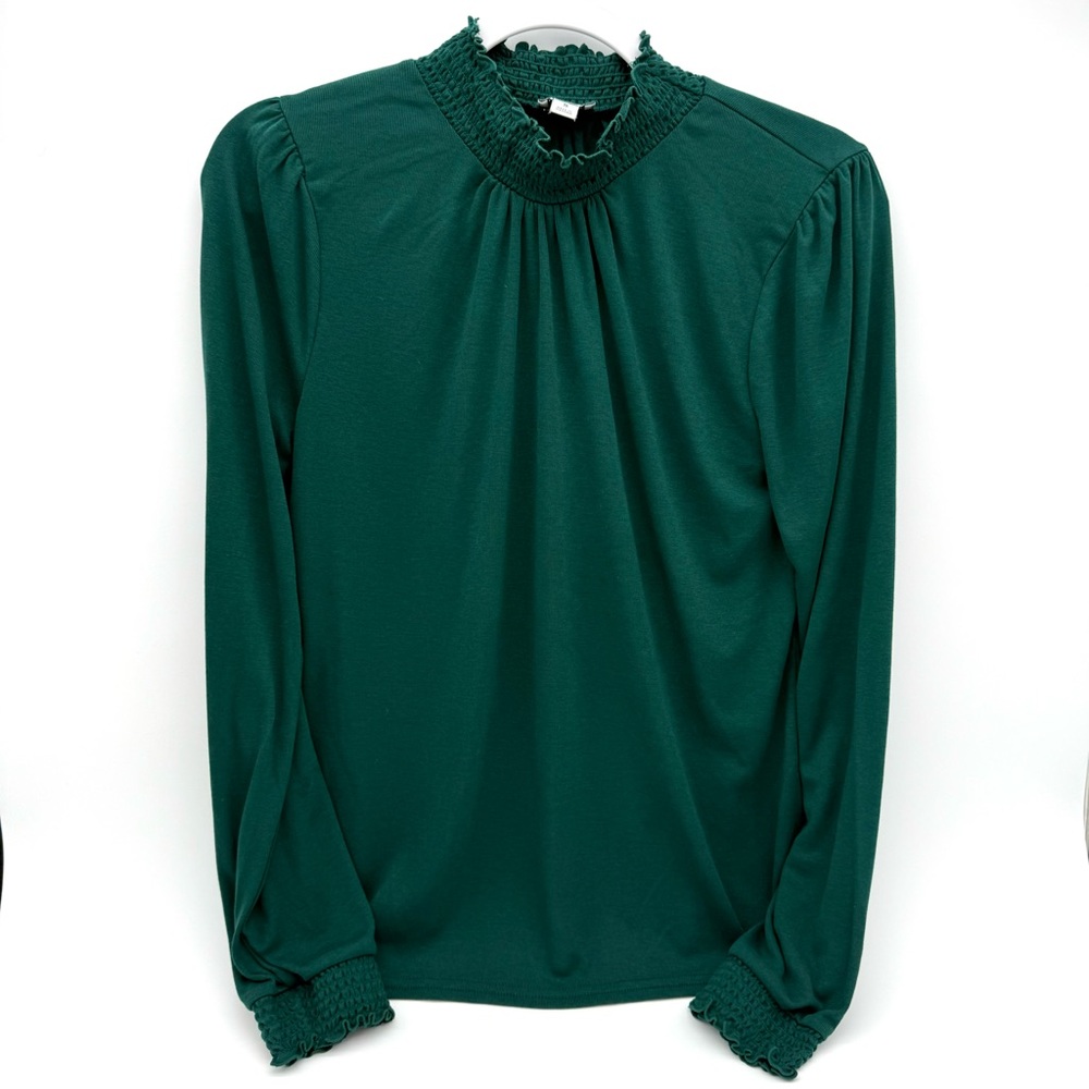 J Crew Women's Ruffle Neck Blouse Small S Green Shirt Top Holiday Party Casual
